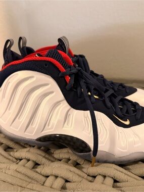 Nike Kids White, Navy & Red Foamposite Sneakers with Gold Swoosh